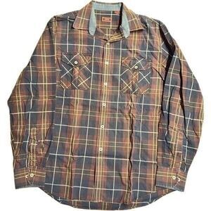 IZOD Luxury Sport Men's‎ M Long-Sleeve Plaid Burgundy Double Pocket Shirt